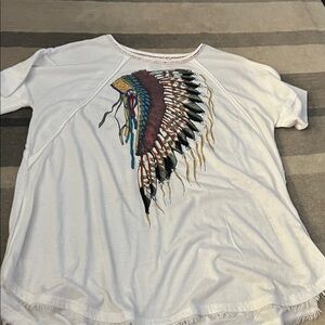White T-Shirt with Colorful Feather Design